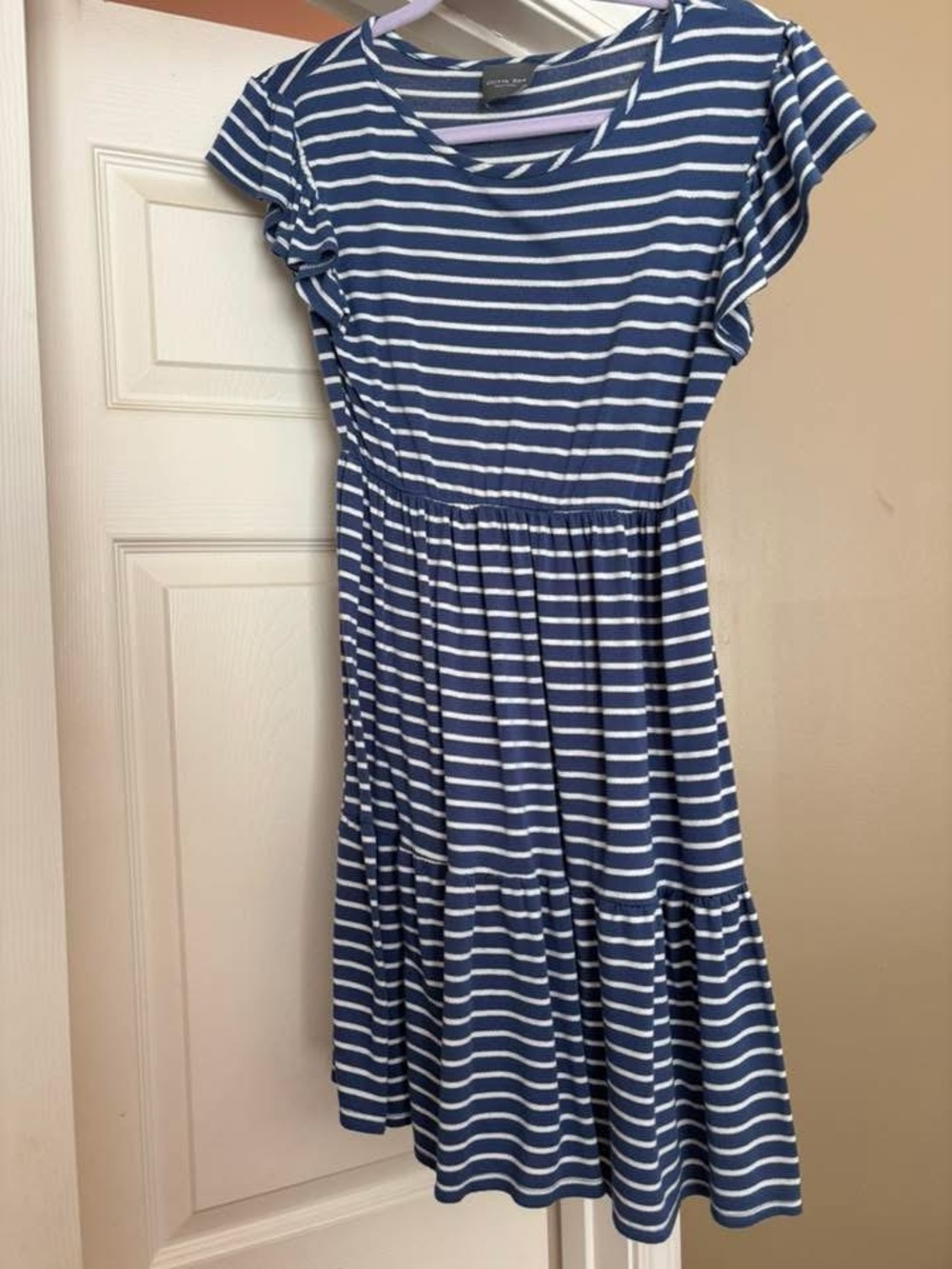 Girls' Blue and White Striped Short-Sleeve Dress